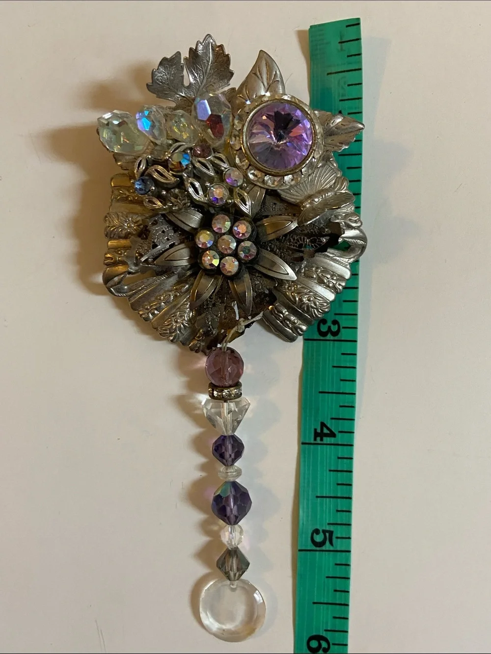 Silver Floral Brooch with Purple and Pink Crystal Dangles Rhinestone
